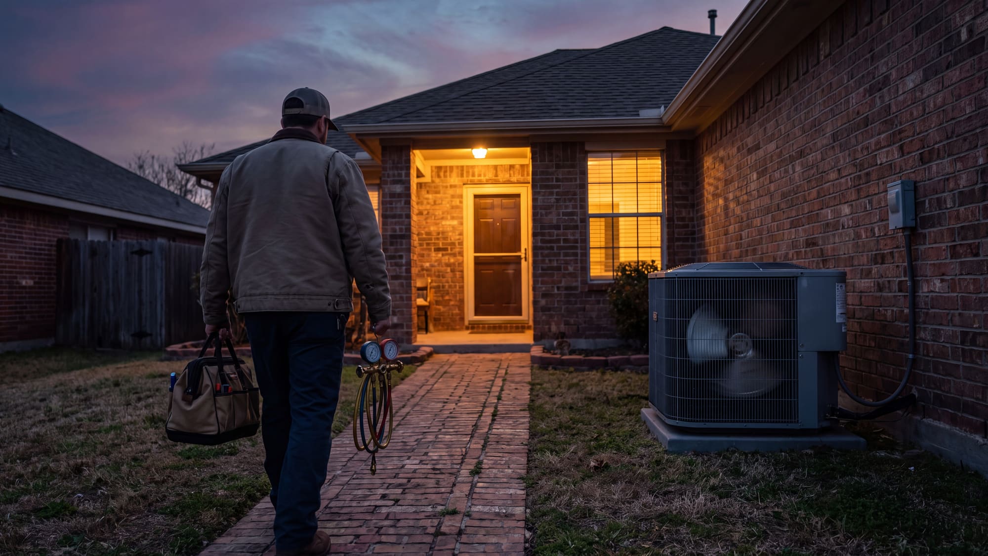An HVAC technician seen from behind walking up a brick path at dusk with a tool bag and gauge set, a condenser unit running beside the house.