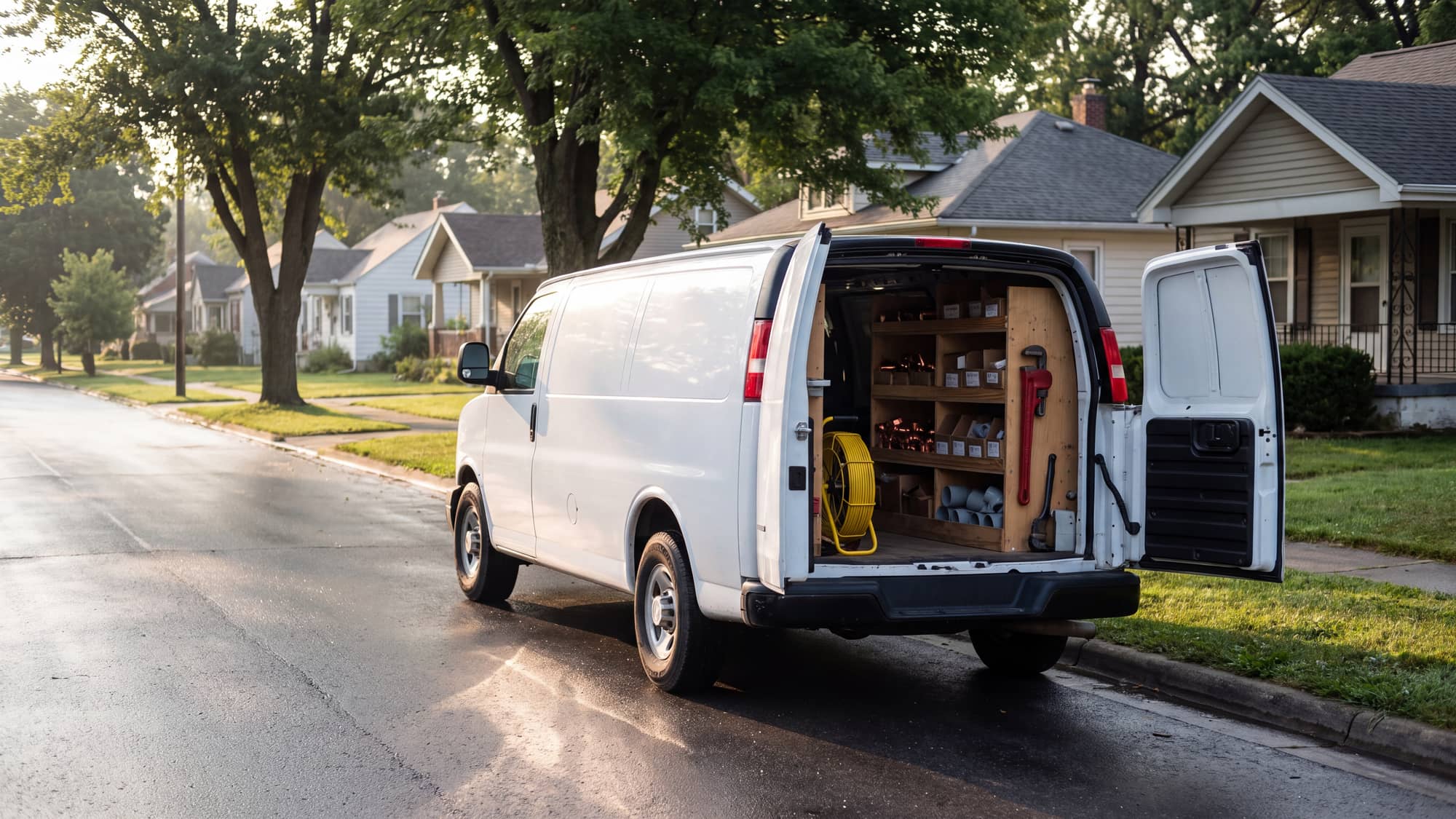 A plumber's work van parked at a curb in a residential street in the early morning, rear doors open with pipe fittings and a drain camera reel inside.