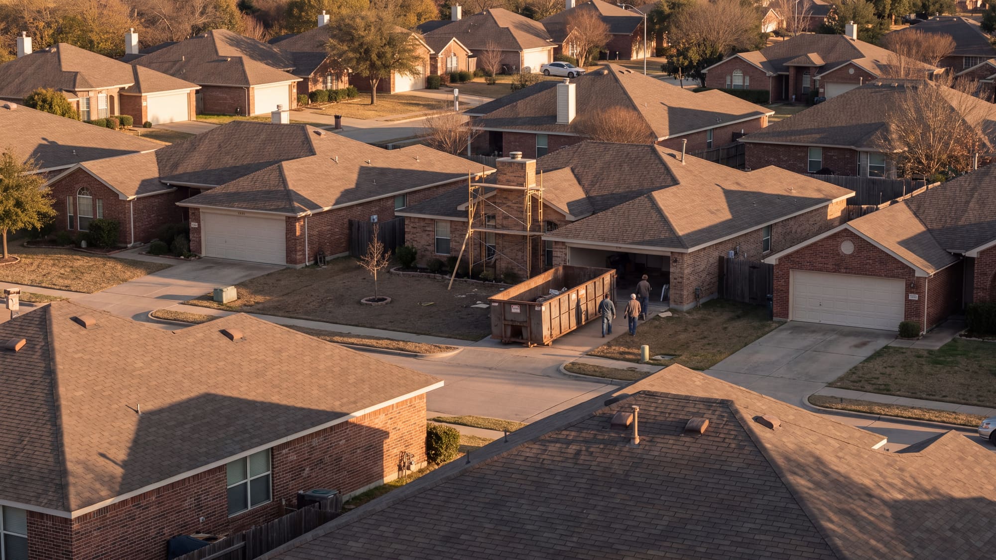 Late-afternoon view over the rooftops of a Texas subdivision, a few neighbors walking on the street below.