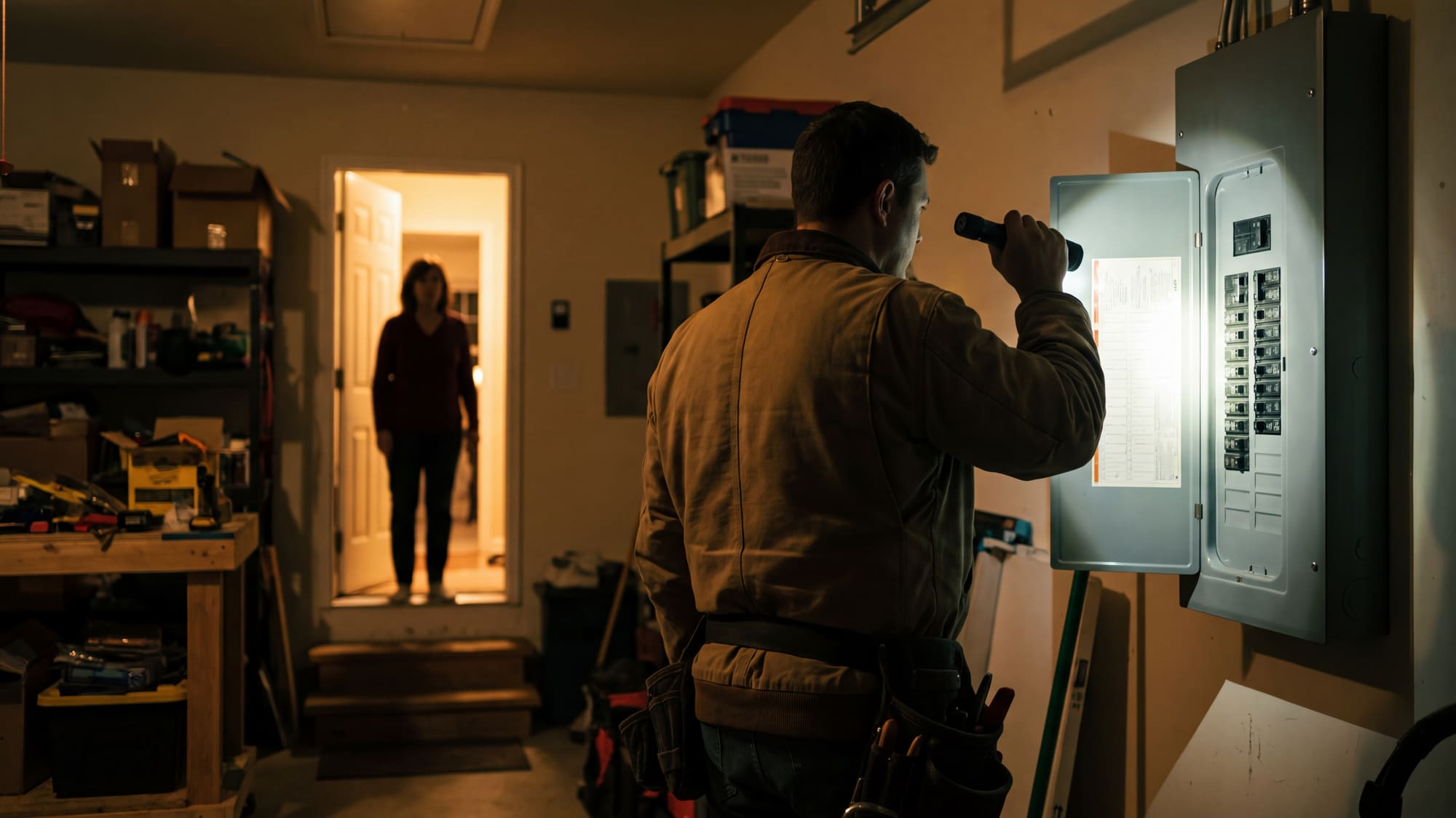 An electrician shining a flashlight into an open breaker panel in a garage while a homeowner watches from the lit doorway.