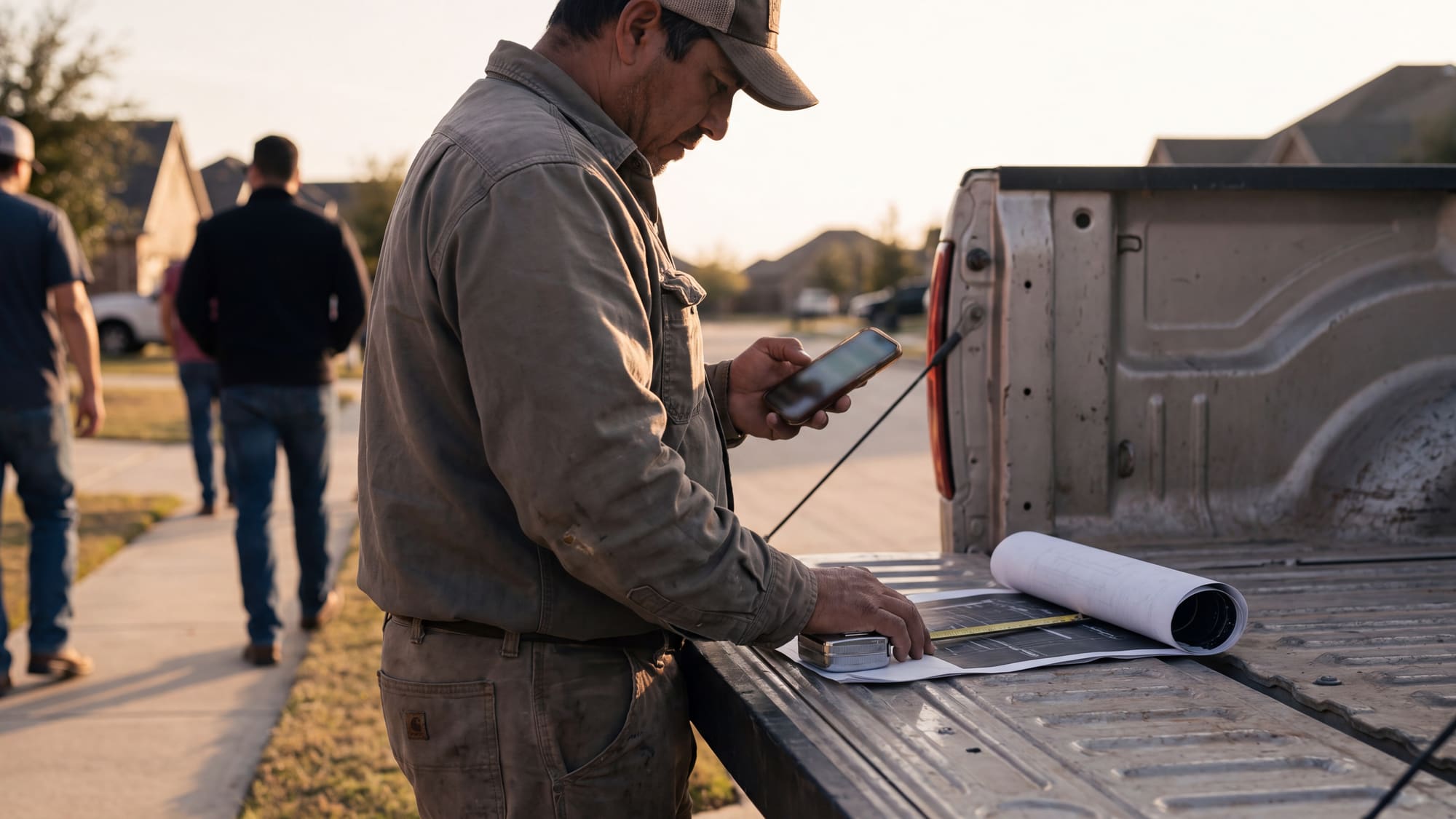 A contractor at a pickup tailgate reading his phone beside rolled plans and a tape measure, crew walking down the sidewalk behind him.