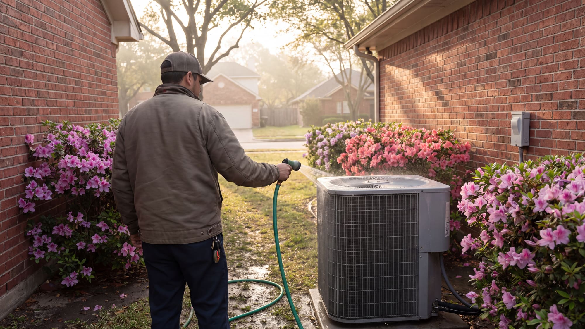 An HVAC technician rinsing a condenser coil with a garden hose beside a brick house, azaleas in bloom on a spring morning.