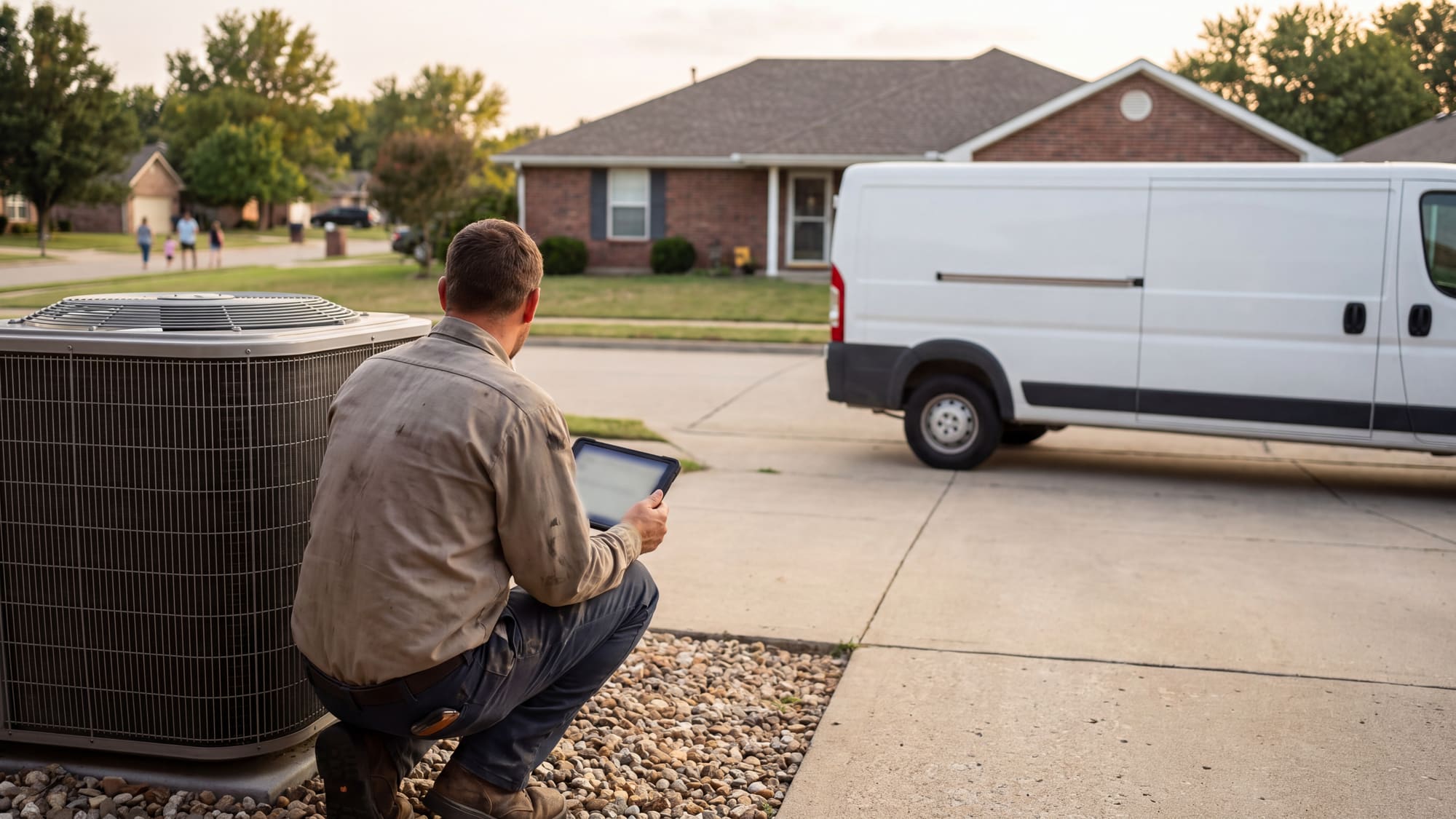 An HVAC technician crouched beside a condenser with a tablet, a white van at the curb of a suburban street.