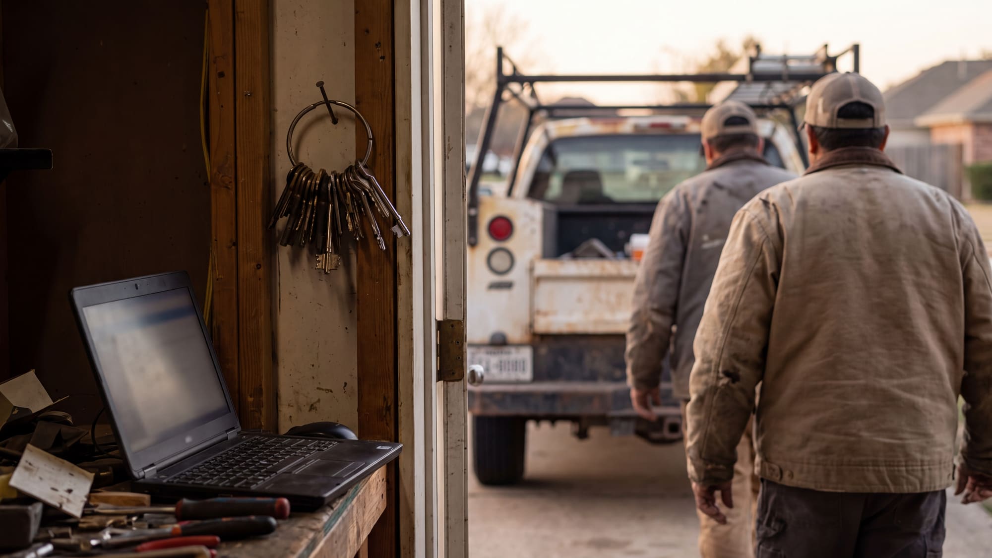 A laptop on a cluttered shop bench by the door as two contractors walk out to a work truck.