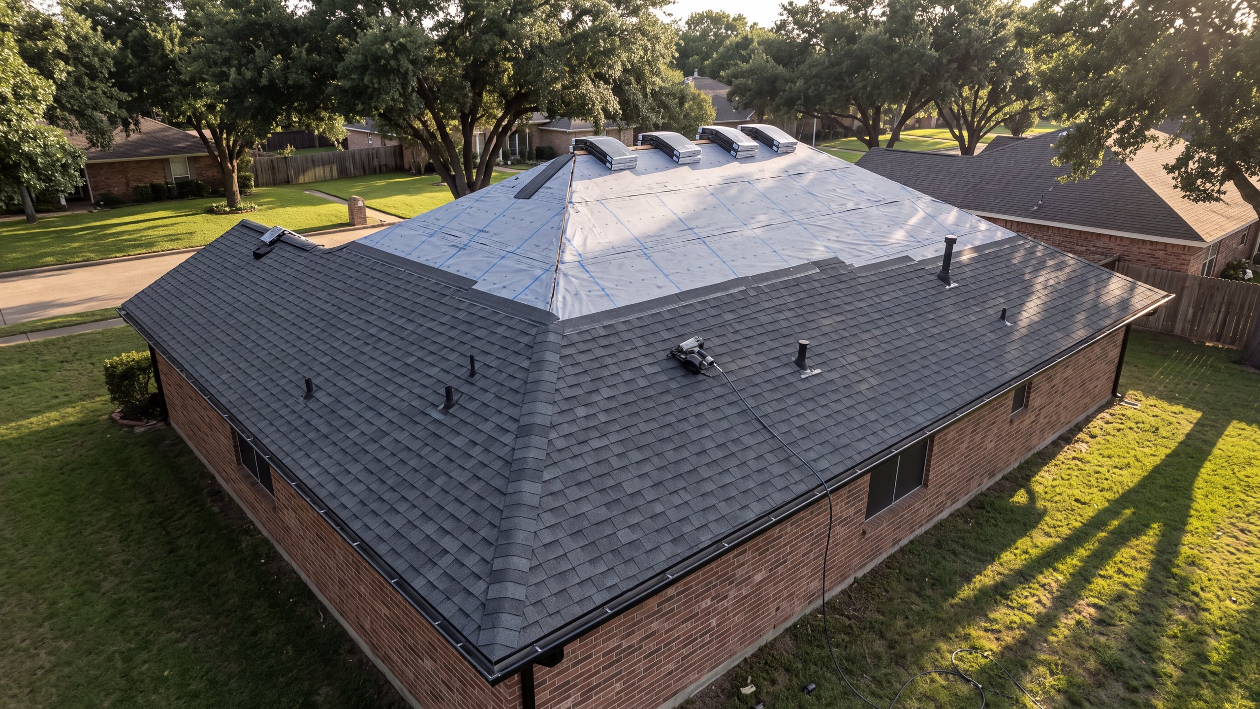 Drone view of a brick house mid-reshingle at golden hour, new shingles on the lower slopes and underlayment above