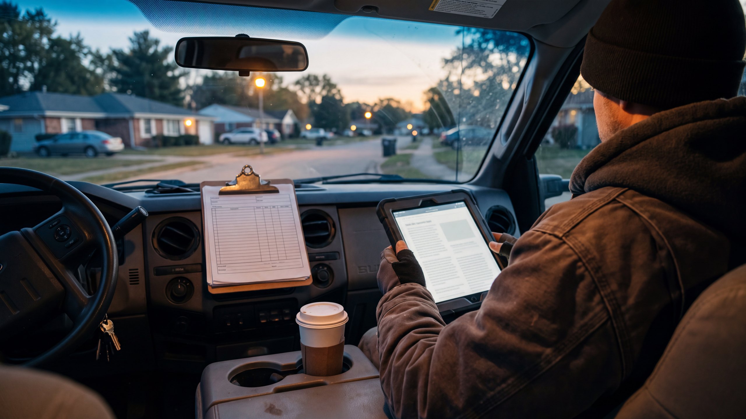 A contractor seen from behind in his truck cab at dawn, reading on a tablet, a clipboard on the dash and a coffee in the cupholder