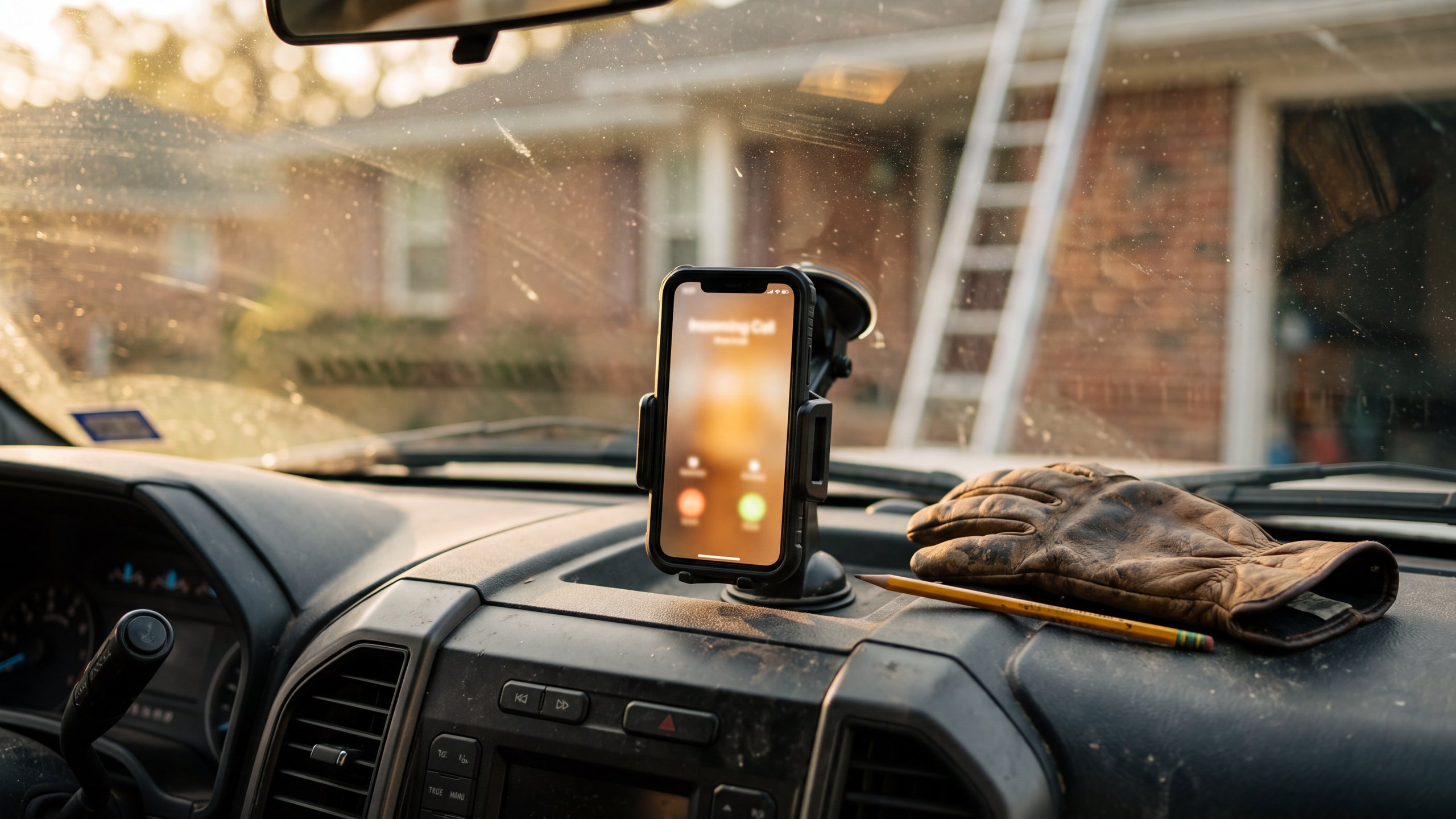 A phone in a dashboard mount lighting up with an incoming call, work gloves on the dash and a job site through the windshield