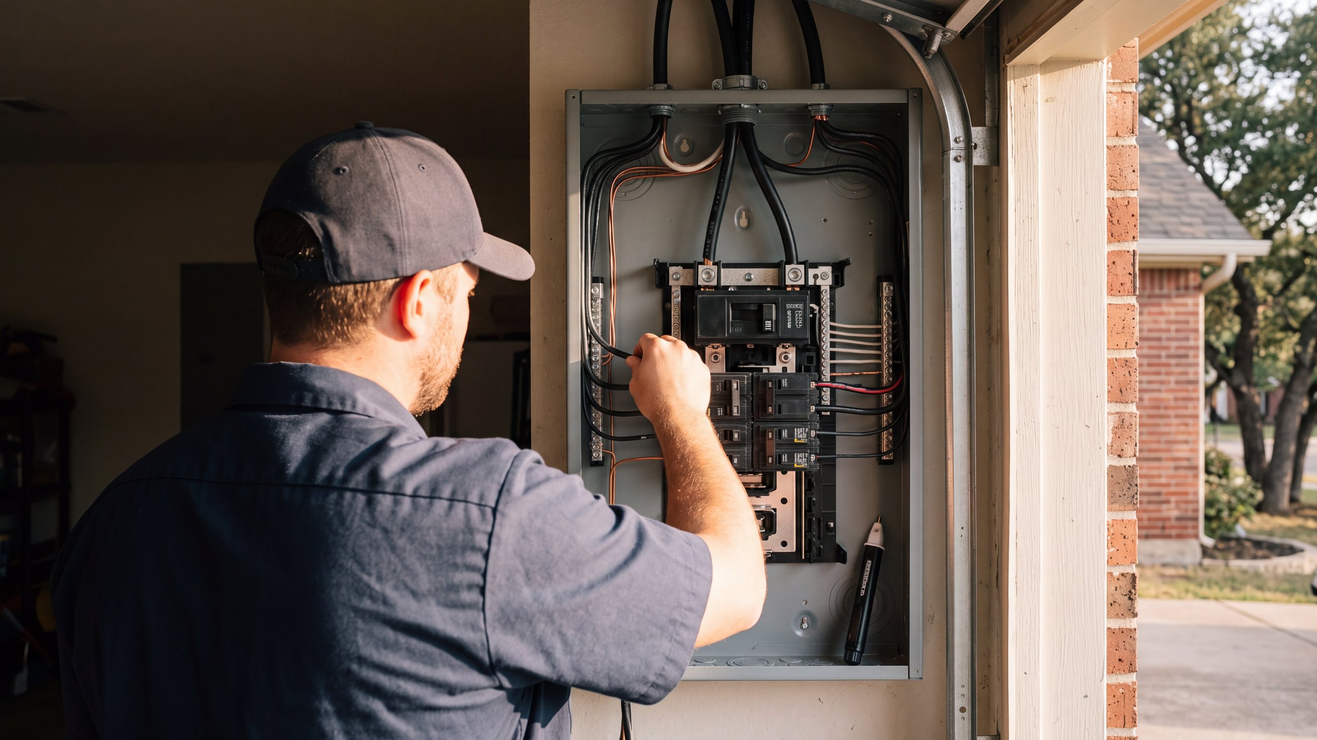 An electrician seen from behind working inside an open breaker panel in a garage