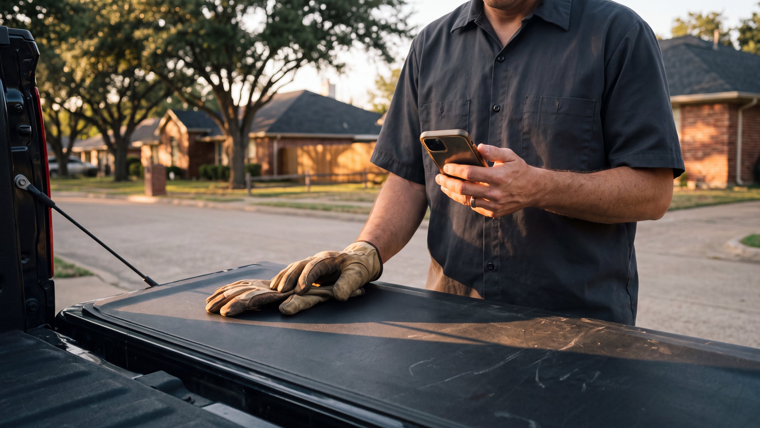 A contractor in work gloves reading his phone beside a truck