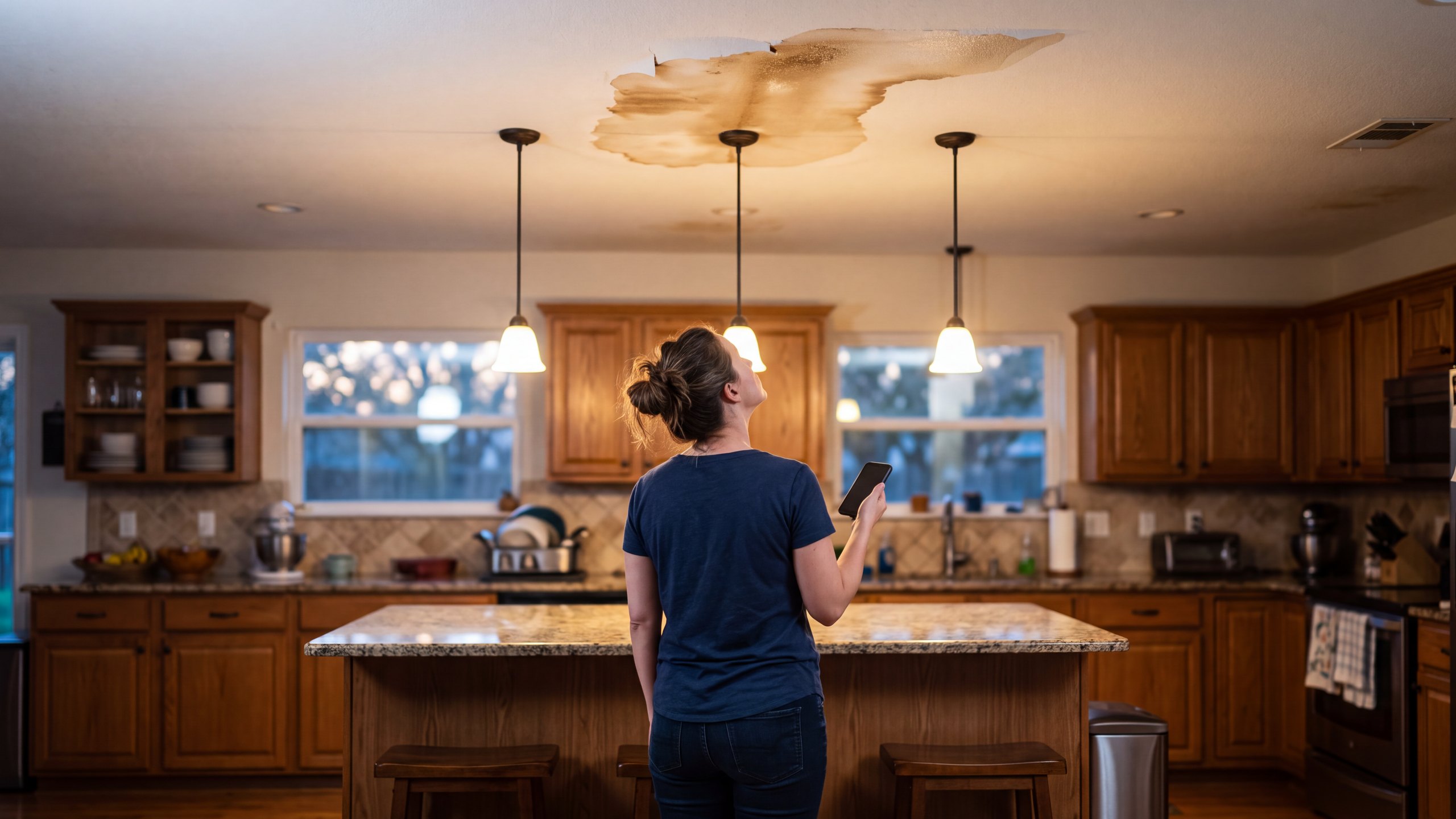 A homeowner seen from behind in her kitchen, phone in hand, looking up at a water stain on the ceiling