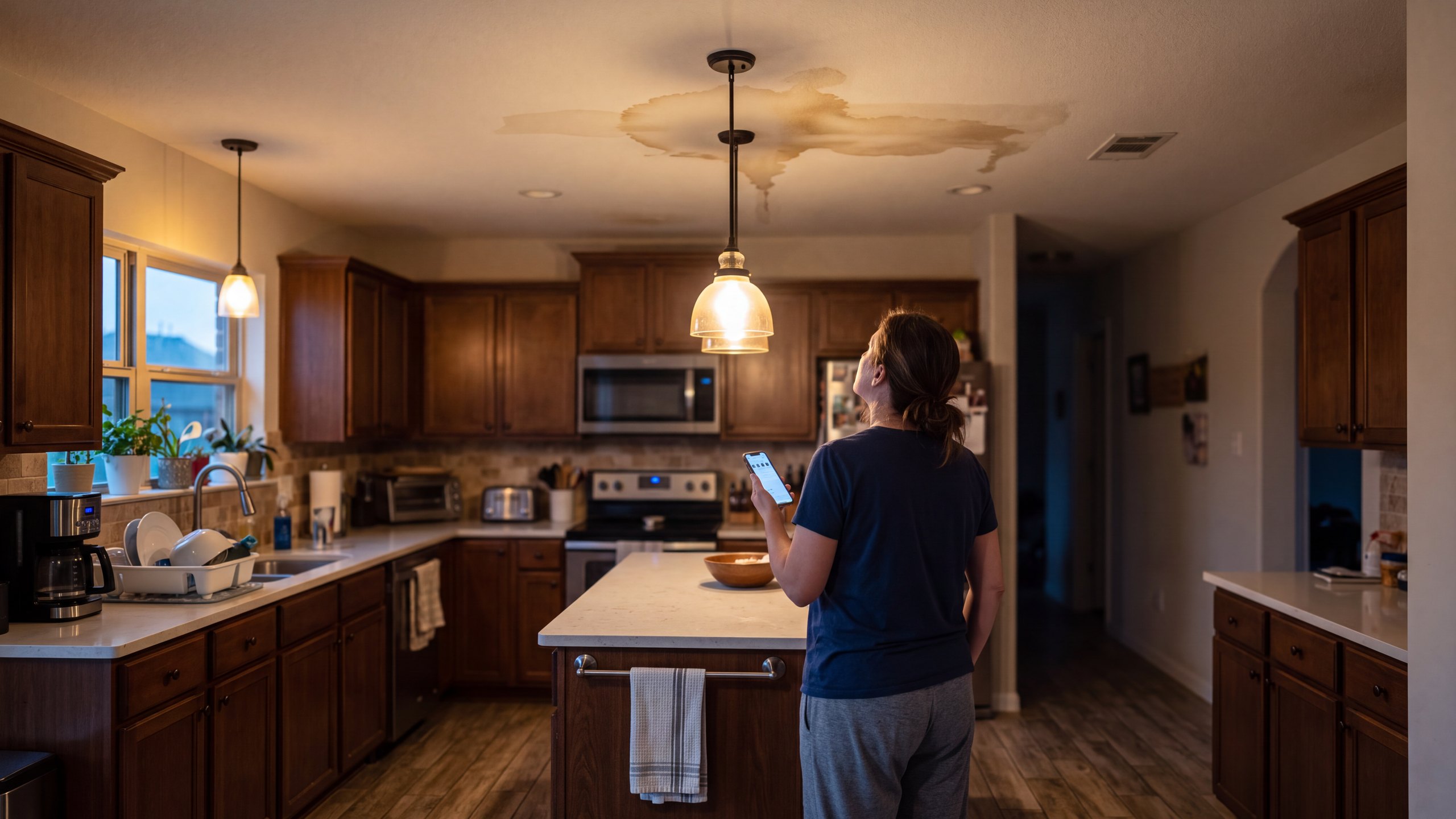 A homeowner seen from behind in her kitchen at night, phone in hand
