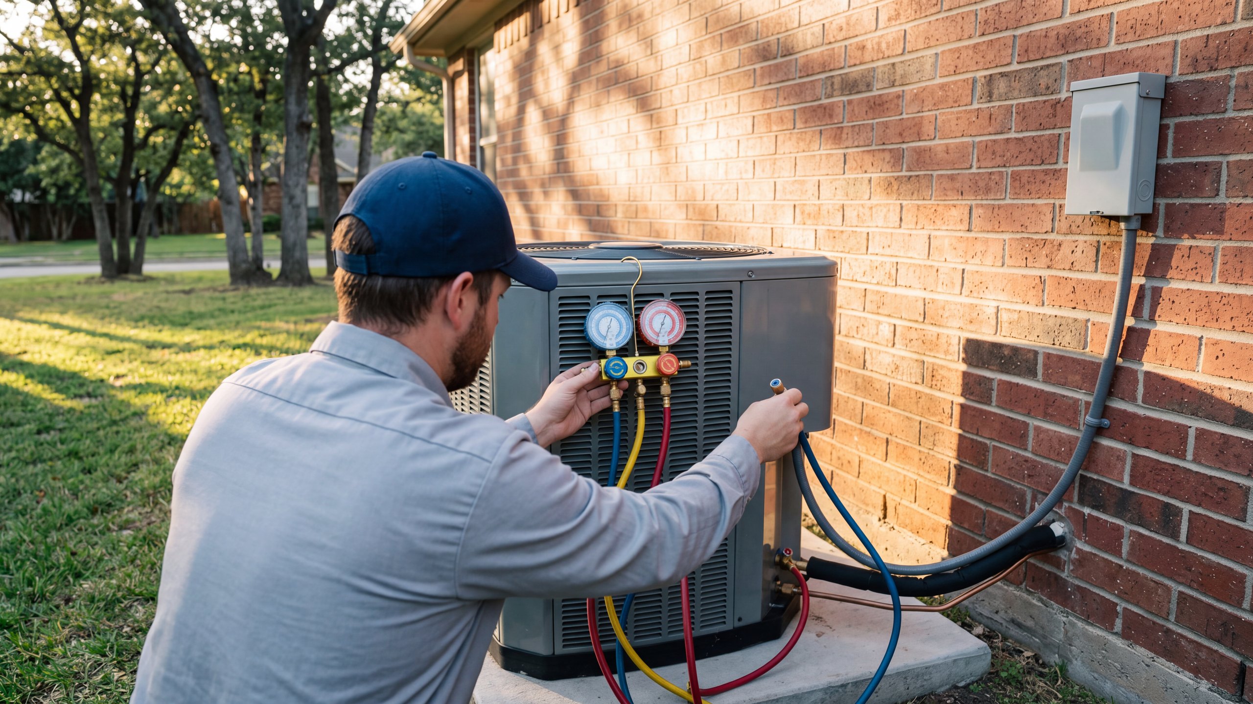 An HVAC technician seen from behind reading a gauge manifold on a new condenser beside a brick house