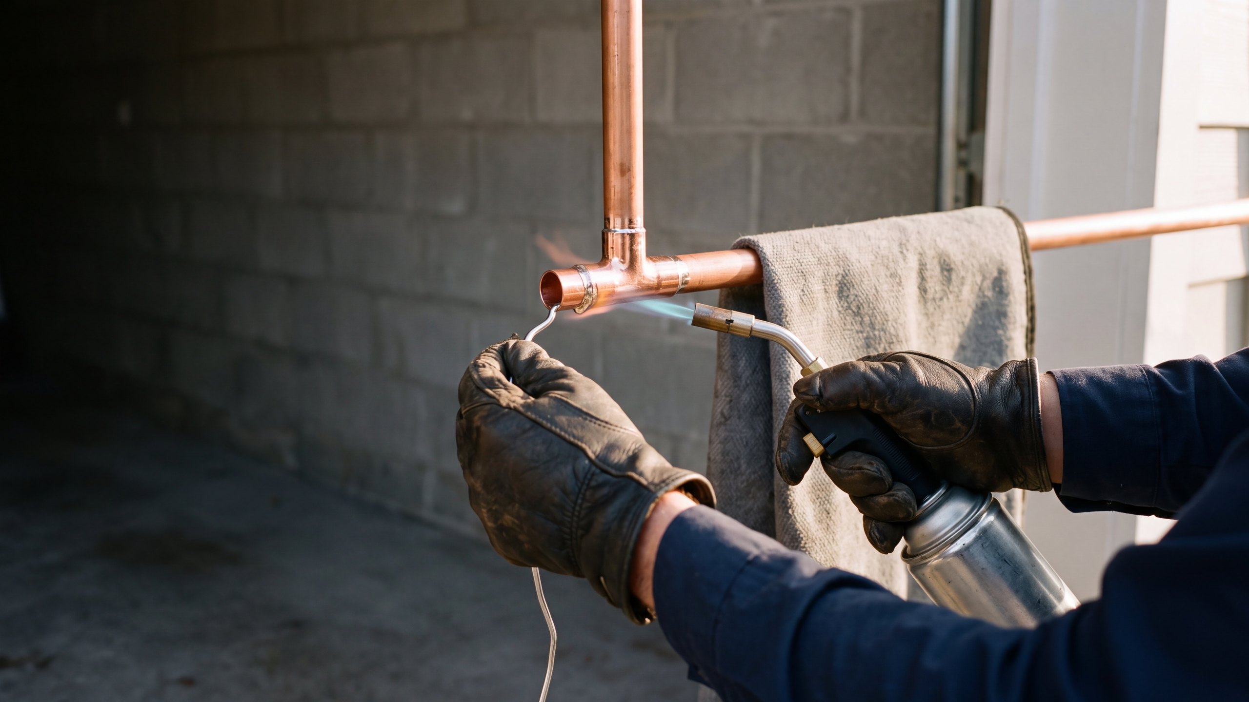 Gloved hands soldering a copper tee with a handheld torch in a tidy garage