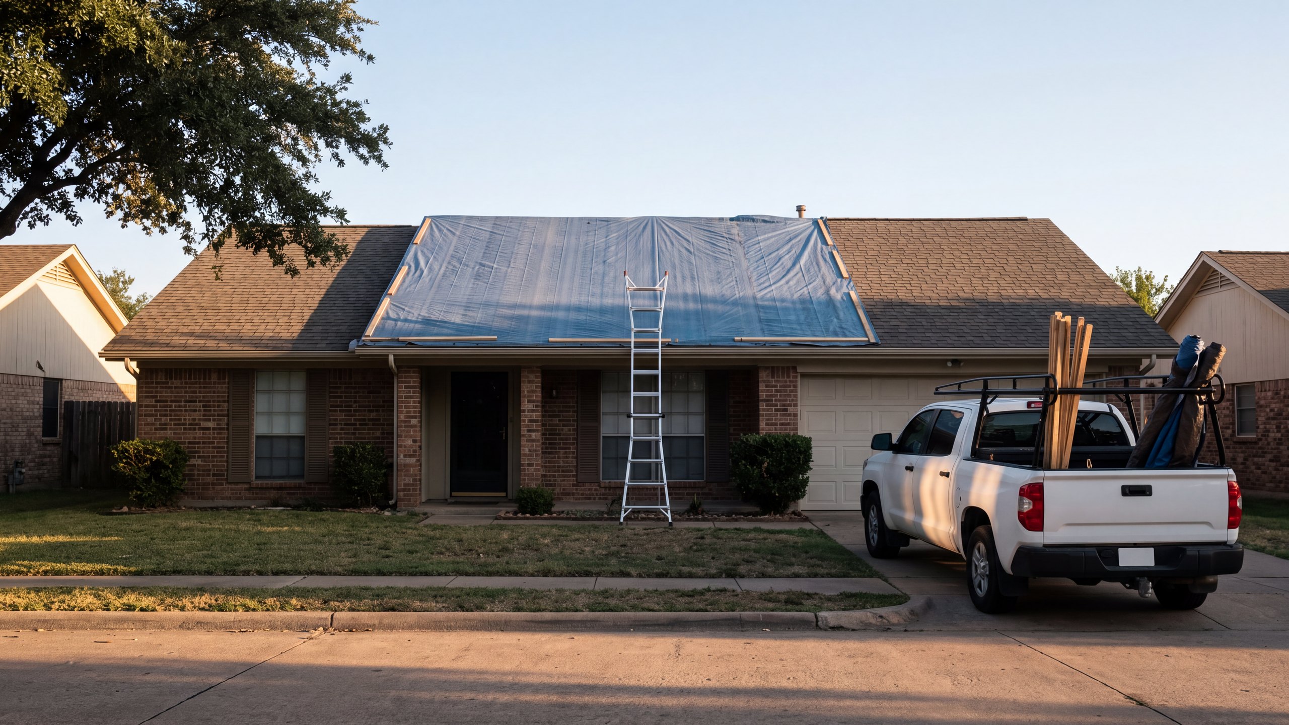 A white crew-cab pickup with a ladder rack at a brick house whose roof is partly tarped, in early morning light